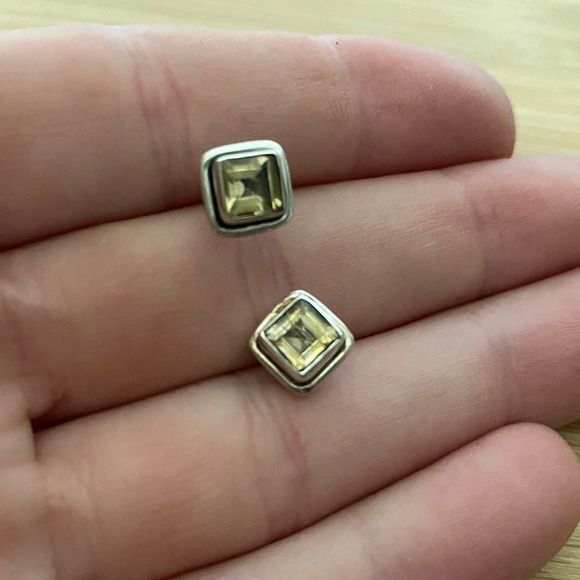 Vintage 925 Sterling Silver Citrine Gemstone Square Stud Earrings - Picture 14 of 15